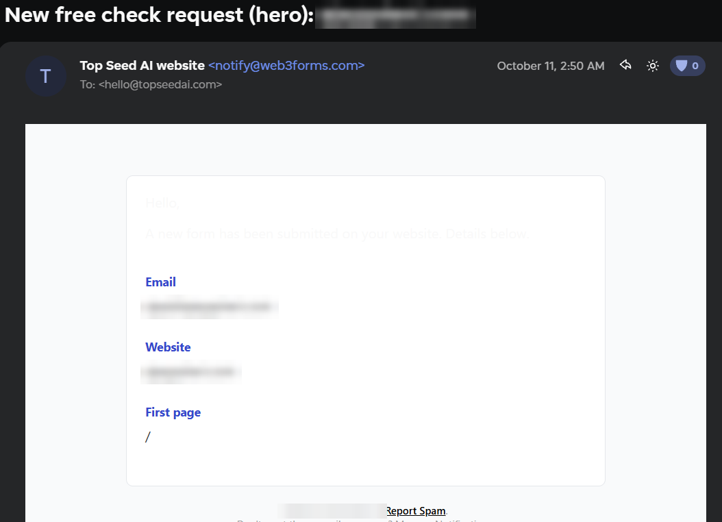 Form notification received October 11 at 2:50 AM, contact details blurred
